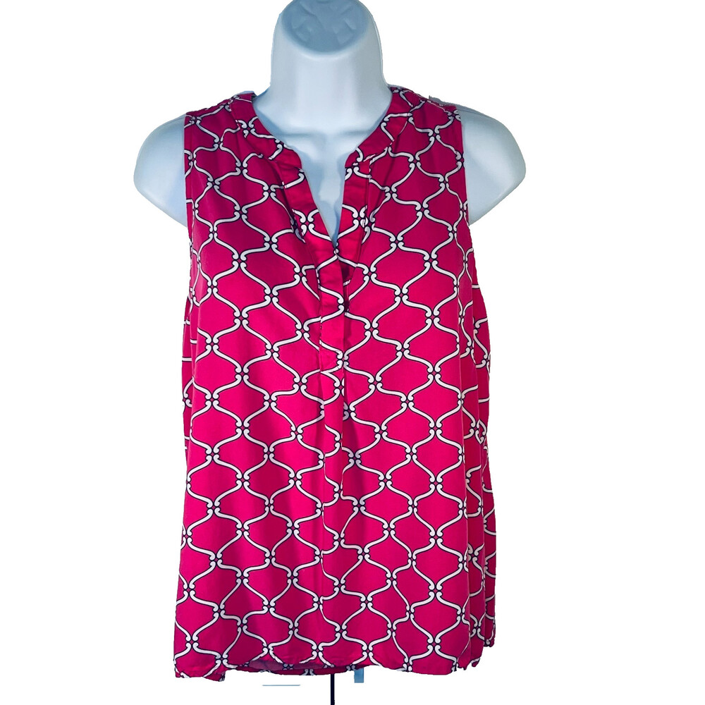 Crown & Ivy Tank Top Blouse Women's PXL Pink White Lattice V-Neck Henley